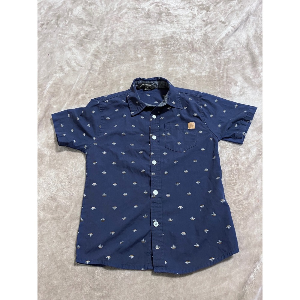 American Boys Navy Blue Geometric Print Short Sleeve‎ Button Down Shirt Size 7